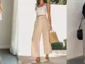 Trois femmes portent des pantalons larges. Quelle chaussure avec pantalon large ? Sandales à talons, mules ou compensées, toutes sont parfaites.