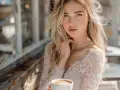 Une jeune femme aux cheveux blonds, portant un élégant body en dentelle, savoure un café.