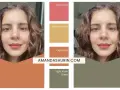 Palette de colorimétrie brune pour des yeux marrons. La femme porte un rouge à lèvres "Capuccino".