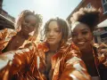 Trois amies radieuses, parées de vestes dorées brillantes, capturent un selfie en plein soleil. Ambiance garantie pour une **soirée année 2000** !