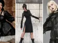 Trois femmes arborent un style gothique moderne : une en robe victorienne noire et blanche, une en robe noire fendue et résille, et une en perfecto, t-shirt résille et pantalon lacé.
