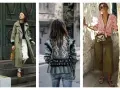 Trois looks stylés : trench kaki avec pantalon blanc, veste kaki brodée, et pantalon kaki avec chemise rayée. Quelle couleur avec le kaki ? Le blanc, le rouge, et les motifs ethniques !