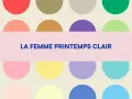 La femme printemps clair, une explosion de couleur du printemps, avec des cercles pastel et un texte bleu vif.