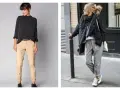 Deux looks pour savoir quelles chaussures avec un chino femme : des derbies noires avec un chino beige, ou des baskets avec un chino gris.