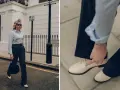 Pour un look hivernal chic, quelles chaussures avec un pantalon large ? Des mocassins beiges élégants complètent parfaitement ce pantalon fluide et cette chemise rayée.