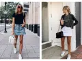 Deux femmes portent une jupe en jean et des baskets. L'une a une jupe en jean bleue décontractée, l'autre une jupe blanche.