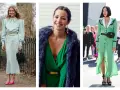 Idées pour accessoiriser une robe verte mariage : une ceinture dorée, une pochette à plumes ou une banane Gucci.