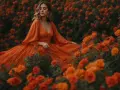 Femme en robe orange, style bobo, au milieu d'un champ de roses orangées.