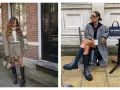 Deux femmes affichent un style audacieux avec des bottes hautes. L'une porte un tailleur-short à carreaux, l'autre un manteau pied-de-poule.