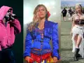 Trois looks pour le festival Coachella : un chanteur en rose, une artiste en bleu flamboyant, et une festivalière en blanc et cuir.
