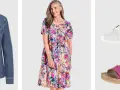 Vieux rose avec une robe fleurie, une veste en jean et des chaussures blanches et roses.