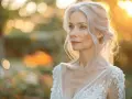 Une mariée de 50 ans, rayonnante dans sa robe de dentelle, baignée par la lumière dorée du soleil couchant. Quelle robe magnifique pour se marier à 50 ans !