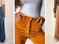 Trois pantalons en velours côtelé pour femme : bleu, moutarde et beige. Parfait pour un look décontracté, quelle chaussure avec pantalon velours femme ?