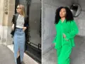 Deux femmes présentent des looks tendance pour le printemps 2026 : l'une en jupe en jean longue et blazer, l'autre en ensemble vert vif plissé.