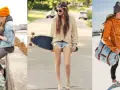 Trois jeunes femmes adoptent un style vestimentaire surfeur décontracté, avec des tenues variées et des accessoires tendance.