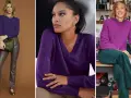 Trois femmes portent des pulls d'un magnifique couleur violet. L'une tient un sac vert, une autre arbore des bijoux dorés, et la troisième sourit, entourée de fils.