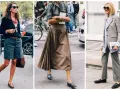 Trois femmes arborent des tenues élégantes, dont un mocassin short, une jupe plissée et un tailleur pantalon.