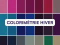 Palette de couleurs pour la colorimétrie femme hiver : bleus vifs, violets profonds, roses froids et gris.