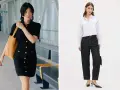 Deux looks pour savoir comment s'habiller pour une photo de classe : une robe noire chic et un ensemble chemise blanche et jean.
