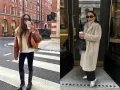 Deux femmes présentent des tenues d'hiver élégantes, parfaites pour un entretien d'embauche. L'une porte un blouson en cuir marron et un pull torsadé, l'autre un manteau long en fausse fourrure beige.