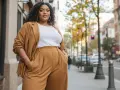 Une femme porte un blazer et un pantalon large camel, avec un haut blanc. Elle pose dans la rue, les mains dans les poches.