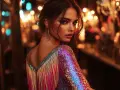 Une femme élégante, robe à paillettes et franges, prête pour une soirée où la tenue correcte exigée. Lumières floues en arrière-plan.