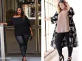 Deux femmes portent une tenue avec legging noir. L'une est en pull noir épaules dénudées, l'autre en top nude et kimono fleuri.