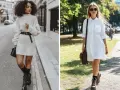 Deux femmes portent une robe avec bottes. L'une, en robe pull crème, arbore des bottes noires lacées. L'autre, en robe chemise blanche, porte des bottes marron.