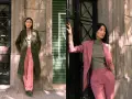 Deux femmes portent des combinaisons vertes et roses. L'une a une veste verte, l'autre une veste rose.