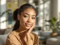Jeune femme au teint hâlé, peau claire, mise en valeur par une colorimétrie brune. Elle pose tendrement sa main sur sa joue, un sourire doux aux lèvres.