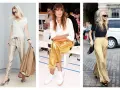 Trois femmes portent des pantalons dorés. Quelle couleur va avec le doré vêtement ? Le blanc, le noir et le camel sont de bonnes options.