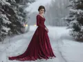 Une femme en robe bordeaux élégante dans un paysage enneigé. Idée pour un mariage en hiver comment s'habiller.