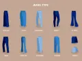 Illustration de divers types de jeans : coupe large, ample, déchiré, skinny, évasé, mom, bootcut, boyfriend, droit et shorts. Chaque forme jean est présentée.