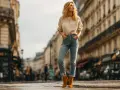 Une femme porte un jean mom et des bottines marron, posant dans une rue parisienne.