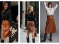 Trois femmes portent des jupes marron en cuir, de styles variés, avec des hauts noirs ou blancs et des bottes.