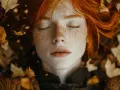 Une rousse aux taches de rousseur, entourée de feuilles d'automne. Quelle couleur pour les rousses ? La nature répond avec cette palette chaleureuse.