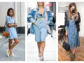 Trois femmes portent une robe en jean. La première avec des baskets, la deuxième avec une veste en jean doublée et la troisième avec une veste en cuir.