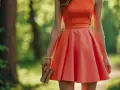 Une femme porte une robe rouge vif, parfaite pour un mariage en plein air. Elle tient un petit sac à main.