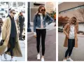 Trois femmes portent des leggings noirs avec des baskets blanches. L'une a un long manteau beige, l'autre une veste en jean, et la troisième un manteau camel.