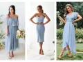 Trois femmes portent des robes bleu ciel. Laquelle de ces couleurs de chaussures irait le mieux avec une robe bleu ciel ? Des sandales nude et transparentes.
