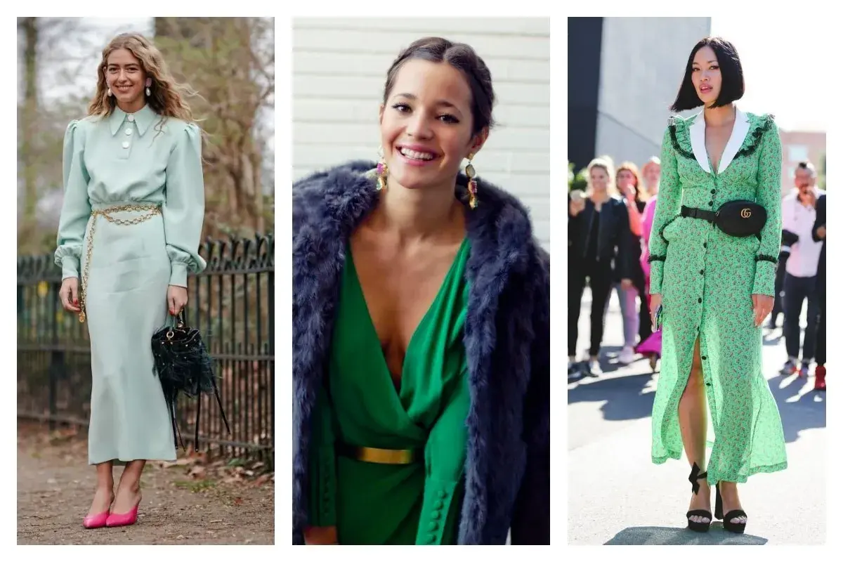 Idées pour accessoiriser une robe verte mariage : une ceinture dorée, une pochette à plumes ou une banane Gucci.