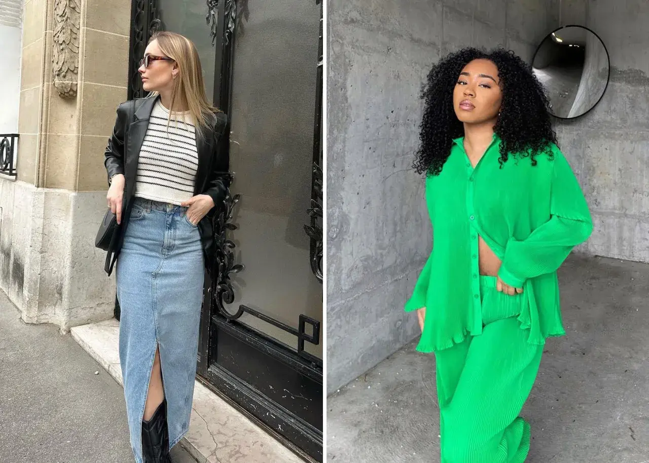 Deux femmes présentent des looks tendance pour le printemps 2026 : l'une en jupe en jean longue et blazer, l'autre en ensemble vert vif plissé.