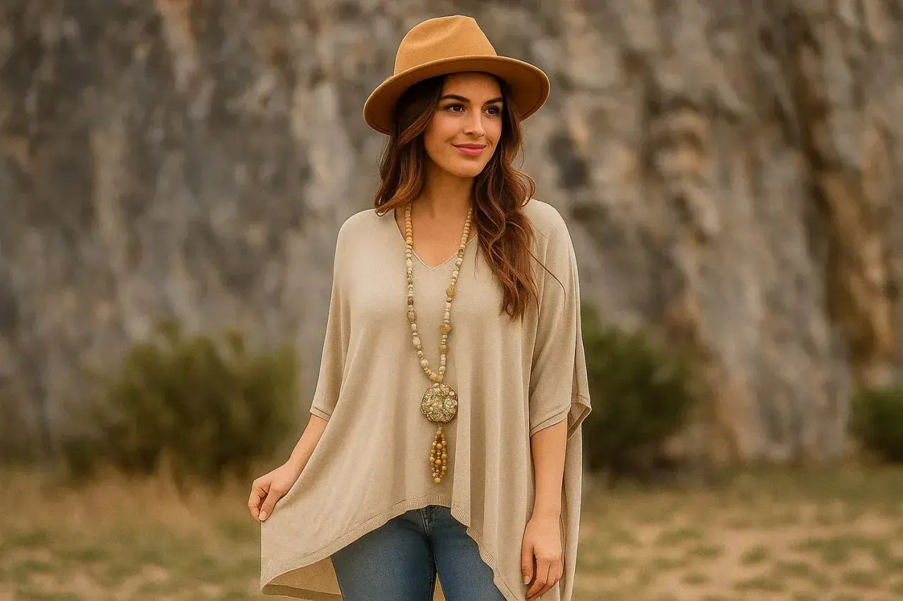 Une femme au chapeau marron, portant un poncho beige et un long collier, incarne le style bohème chic.