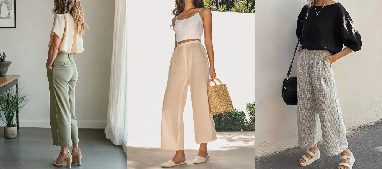 Trois femmes portent des pantalons larges. Quelle chaussure avec pantalon large ? Sandales à talons, mules ou compensées, toutes sont parfaites.