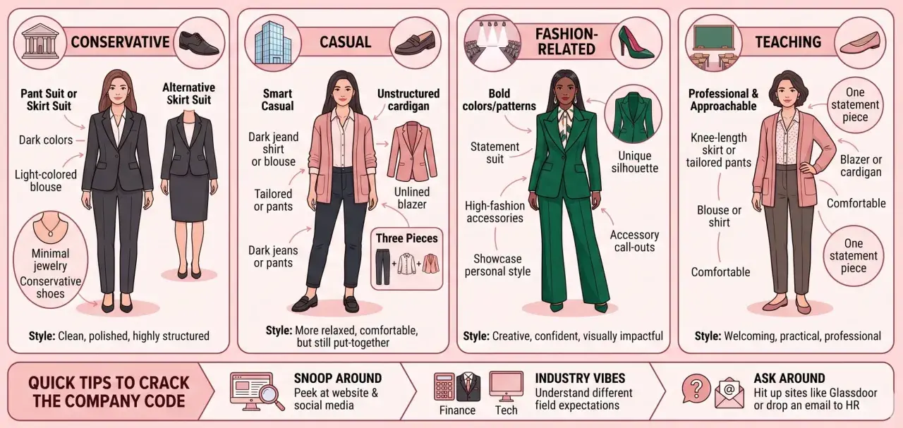 Guide pour savoir comment s'habiller pour un entretien : tenues conservatrices, décontractées, mode ou professionnelles.