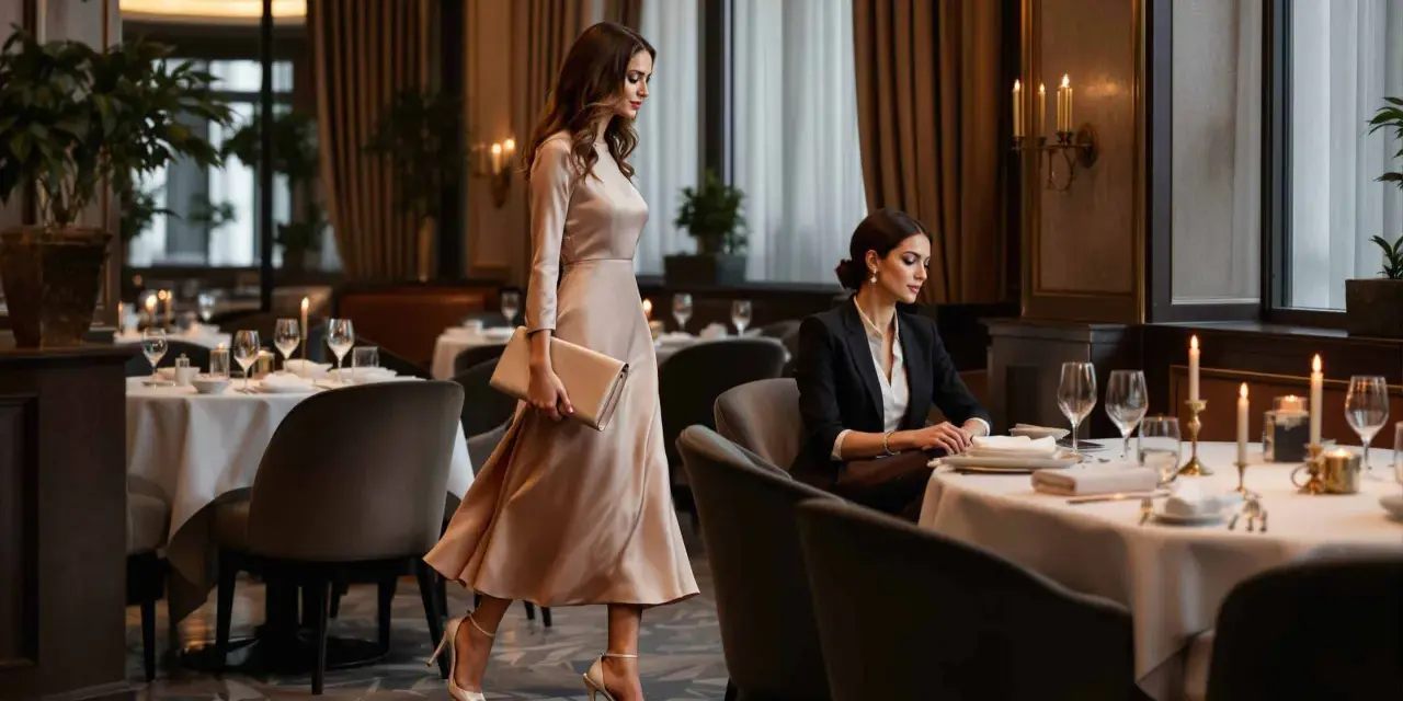 Une femme élégante, dans une tenue de restaurant d'hiver, traverse une salle à manger chic. Une autre femme est assise à une table.