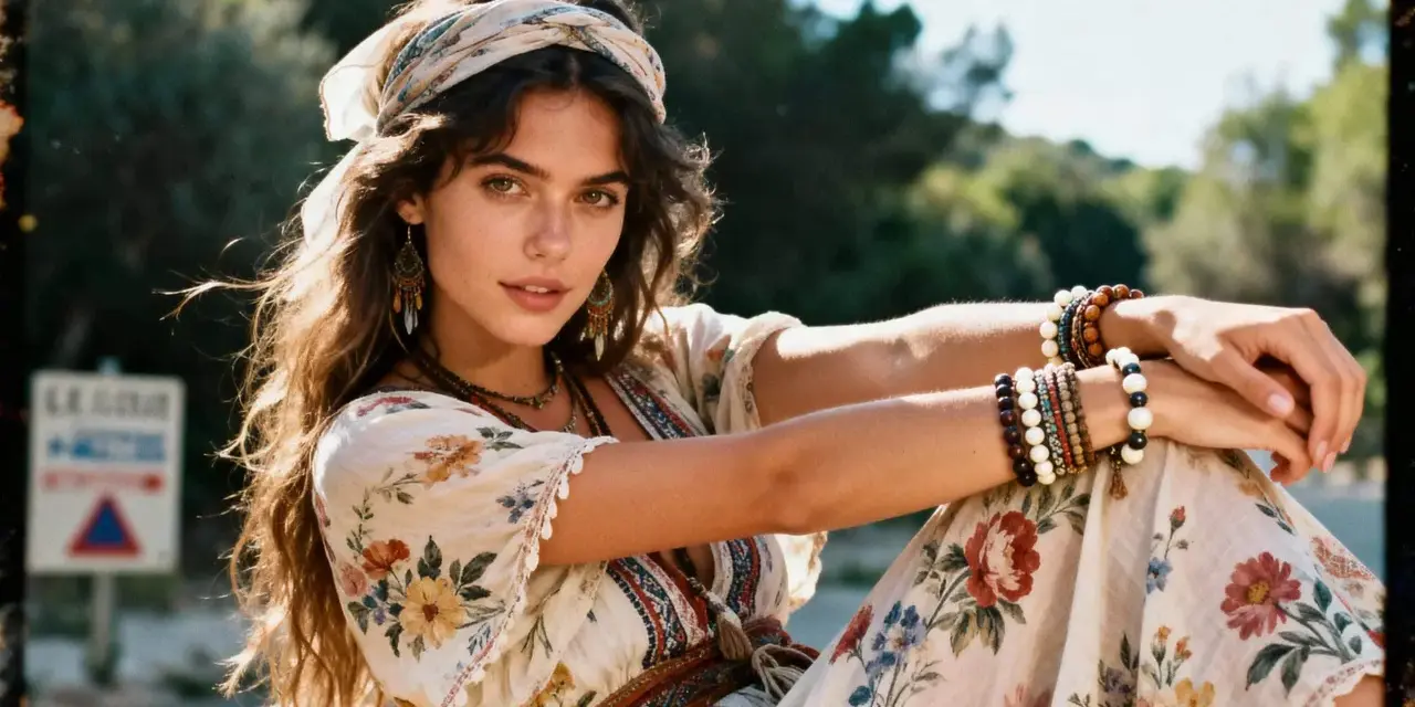 Jeune femme au style hippie Woodstock, robe fleurie, foulard, bracelets en perles, regard intense.
