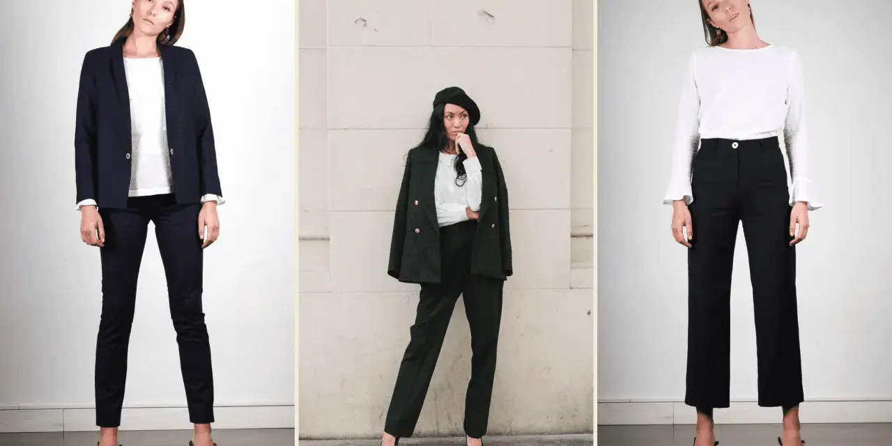 Trois femmes portent des pantalons noirs avec des chaussures élégantes. Quelle chaussure avec pantalon noir femme ? Des escarpins ou des mocassins pour un look chic.