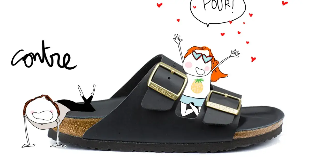 Une fille joyeuse célèbre sa tenue avec birkenstock femme, tandis qu'une autre semble en difficulté.