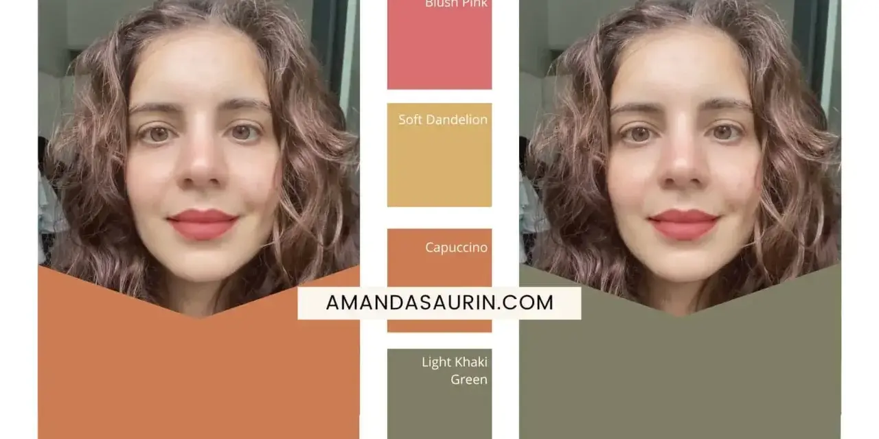 Palette de colorimétrie brune pour des yeux marrons. La femme porte un rouge à lèvres "Capuccino".